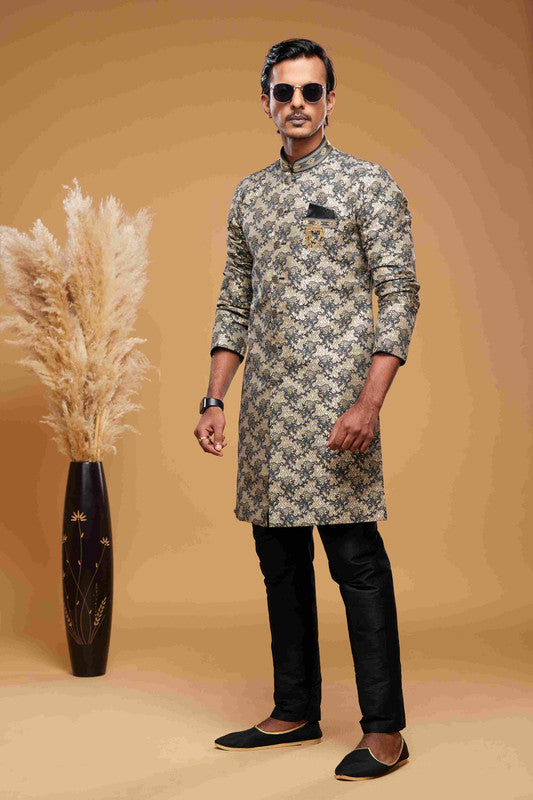 Men's Banarasi Jacquard Embroidery  Semi Indo Western Sherwani In  Beige Black Colour
