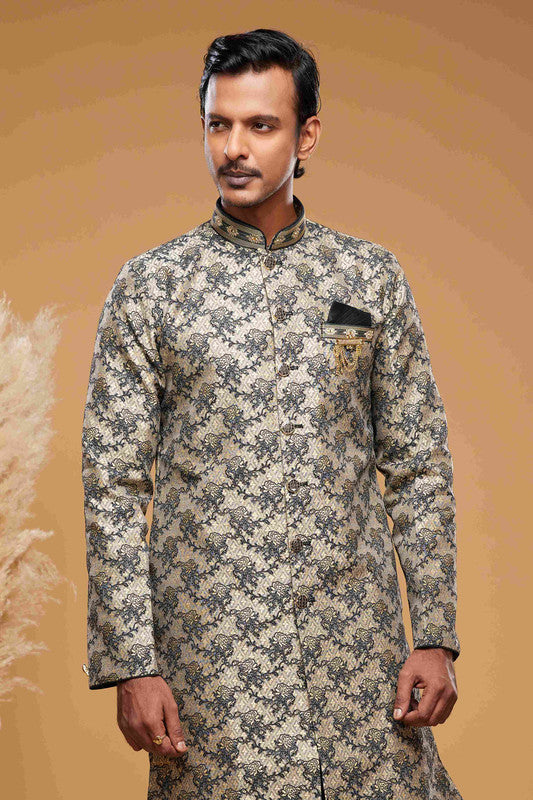 Men's Banarasi Jacquard Embroidery  Semi Indo Western Sherwani In  Beige Black Colour