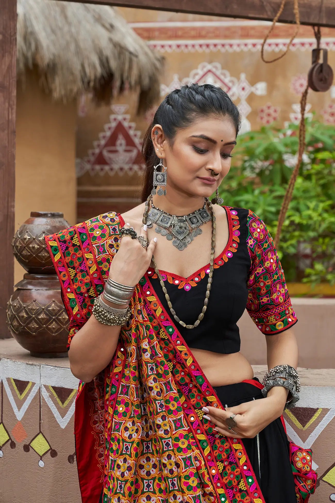 Black Viscose Rayon Navratri Lehenga Choli With Thread Embroidery & Mirror Work