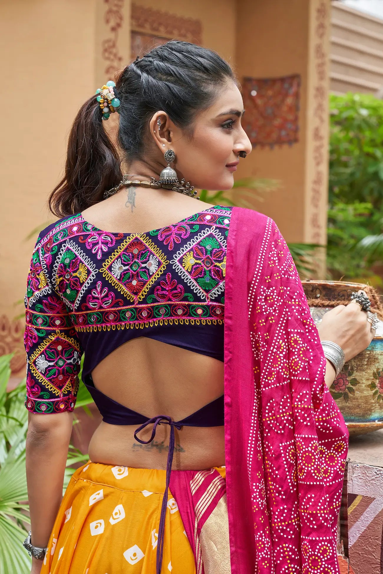 Yellow Muslin Cotton Navratri Lehenga Choli With Thread Embroidery & Mirror Work