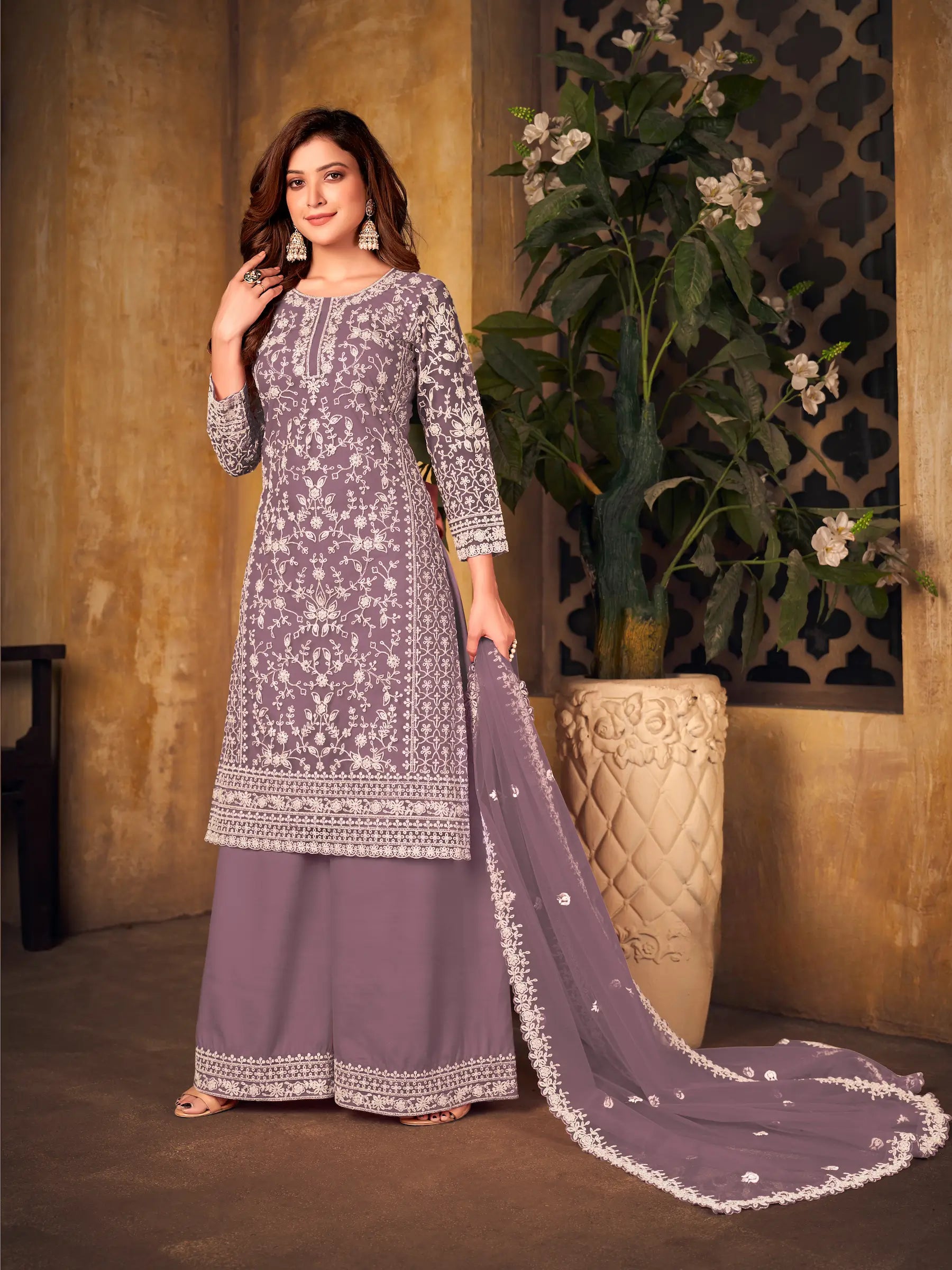 Dusty Lavender Net Thread & Sequence Embroidery Work Salwar Suit - qivii
