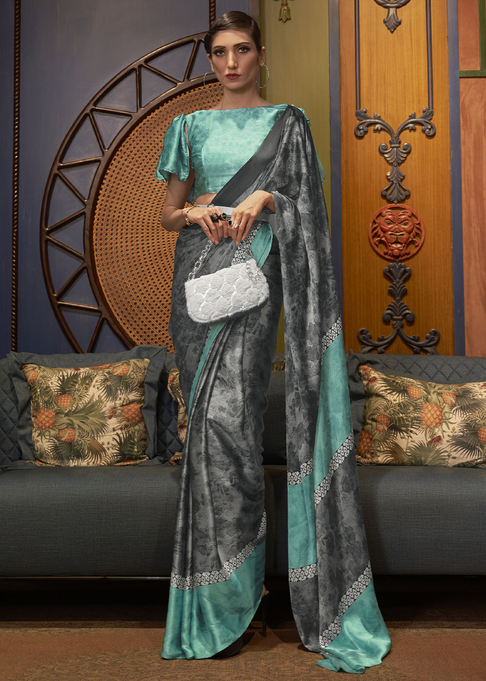Grey & Blue Designer Satin Crepe Printed Saree - qivii
