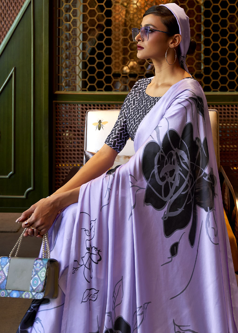 Heliotrope Purple Designer Satin Crepe Printed Saree - qivii