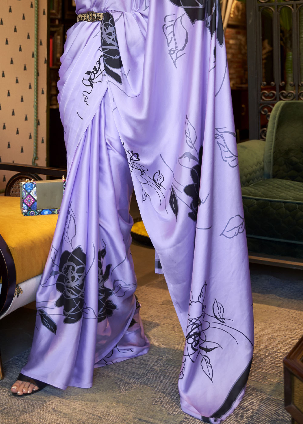 Heliotrope Purple Designer Satin Crepe Printed Saree - qivii