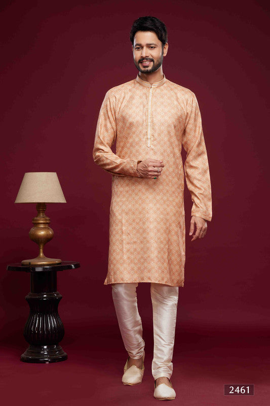 Men's Art Silk Digital Print Pintux Work Kurta Pajama In Peach Colour