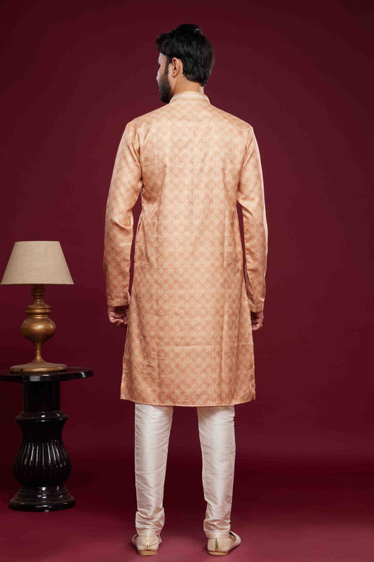 Men's Art Silk Digital Print Pintux Work Kurta Pajama In Peach Colour