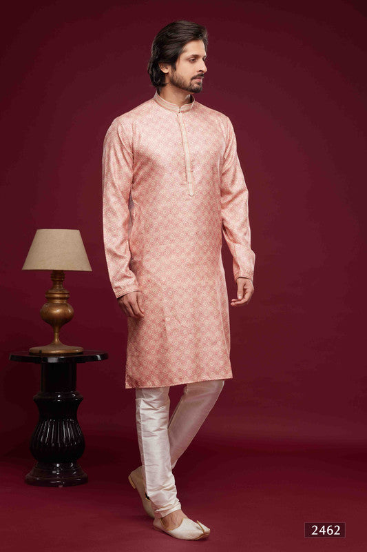 Men's Art Silk Digital Print Pintux Work Kurta Pajama In Pnk Colour