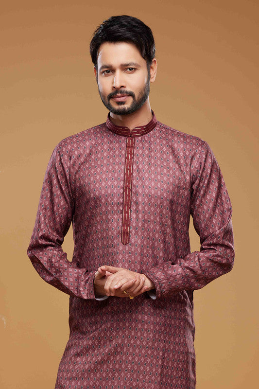 Men's Art Silk Digital Print Pintux Work Kurta Pajama In Maroon Colour