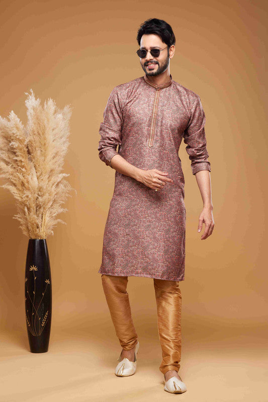 Men's Art Silk Digital Print Pintux Work Kurta Pajama In Onion Pink Colour