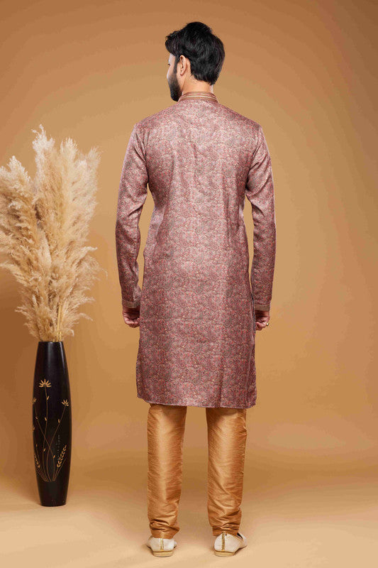 Men's Art Silk Digital Print Pintux Work Kurta Pajama In Onion Pink Colour