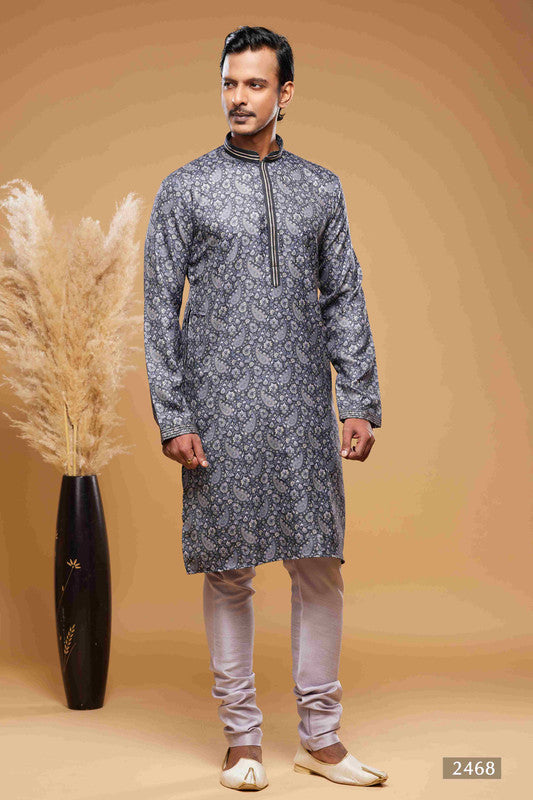 Men's Art Silk Digital Print Pintux Work Kurta Pajama In Blue And Grey Colour