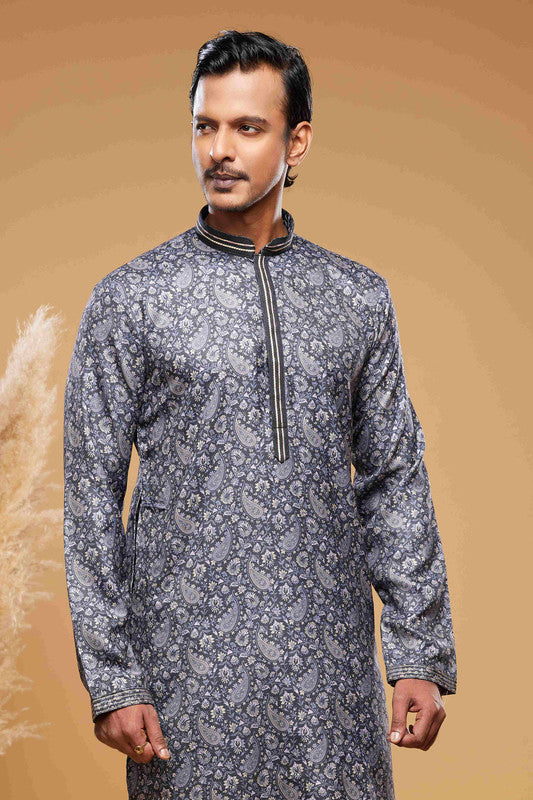 Men's Art Silk Digital Print Pintux Work Kurta Pajama In Blue And Grey Colour