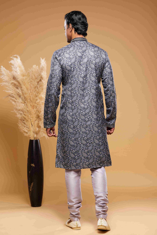 Men's Art Silk Digital Print Pintux Work Kurta Pajama In Blue And Grey Colour