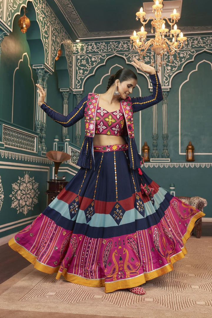 Multi Color Poly Maska Silk Print With All Over Mirror Work Lehenga 