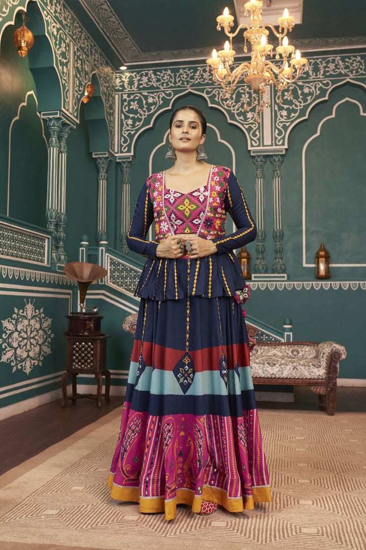 Multi Color Poly Maska Silk Print With All Over Mirror Work Lehenga