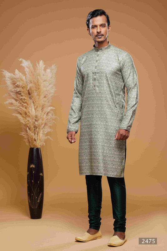 Men's Art Silk Digital Print Pintux Work Kurta Pajama In Green Colour