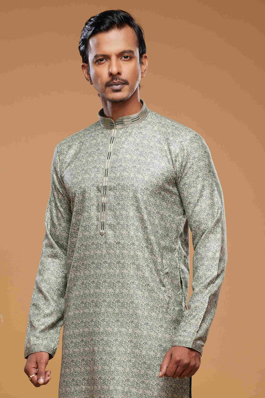 Men's Art Silk Digital Print Pintux Work Kurta Pajama In Green Colour