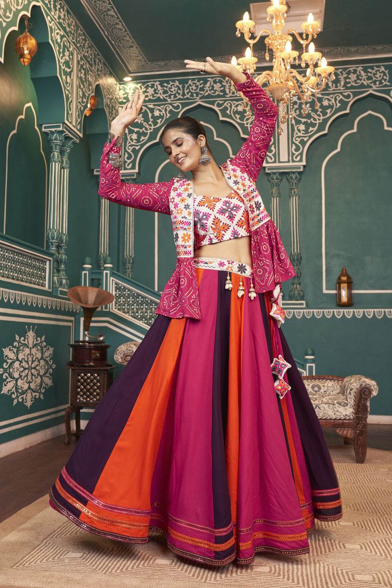  Beautifully Crafted Multi Color Lehenga with Mirror Work and Poly Maska Silk Print for Indian Ethnic Wear