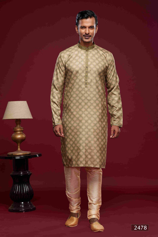 Men's Art Silk Digital Print Pintux Work Kurta Pajama In Light Green Colour