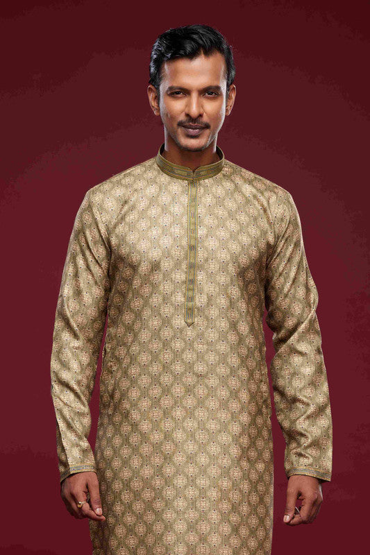 Men's Art Silk Digital Print Pintux Work Kurta Pajama In Light Green Colour