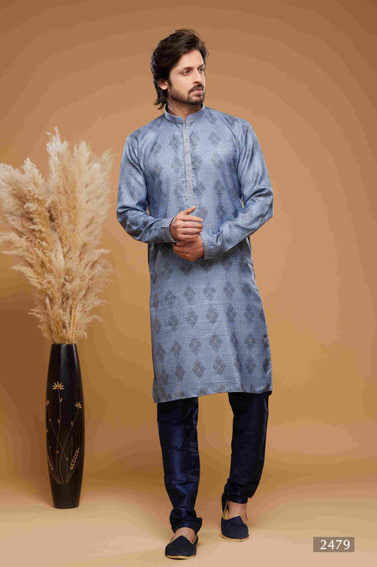 Men's Art Silk Digital Print Pintux Work Kurta Pajama In Blue Colour