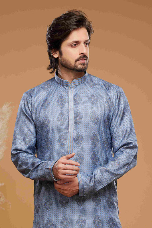 Men's Art Silk Digital Print Pintux Work Kurta Pajama In Blue Colour