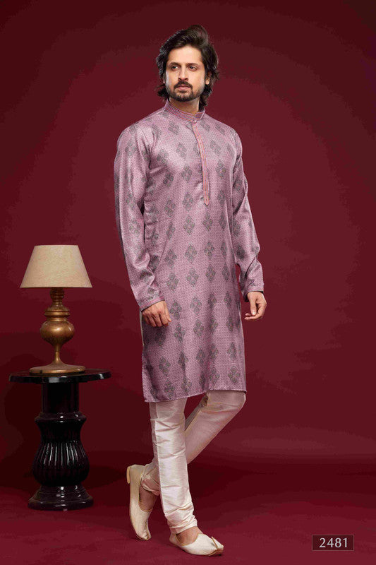 Men's Art Silk Digital Print Pintux Work Kurta Pajama In Magenta Colour
