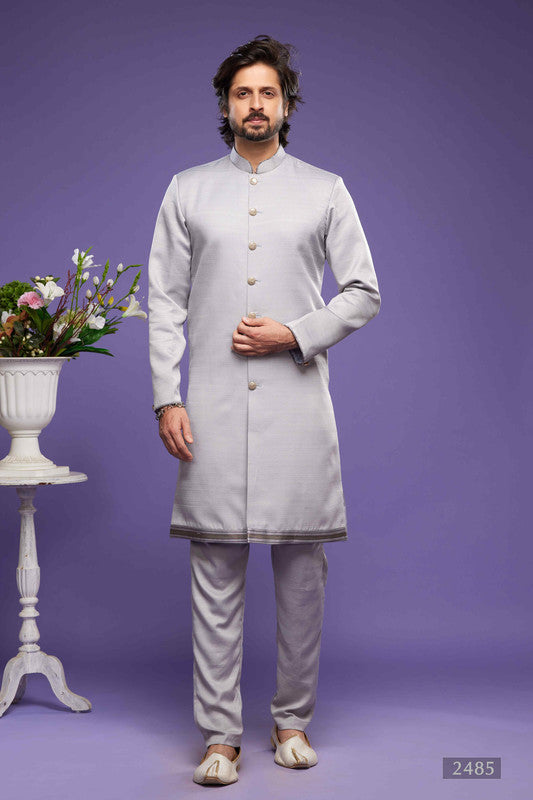 Men's Art Banarasi Silk Thread Work Kurta Pajama In Grey Colour