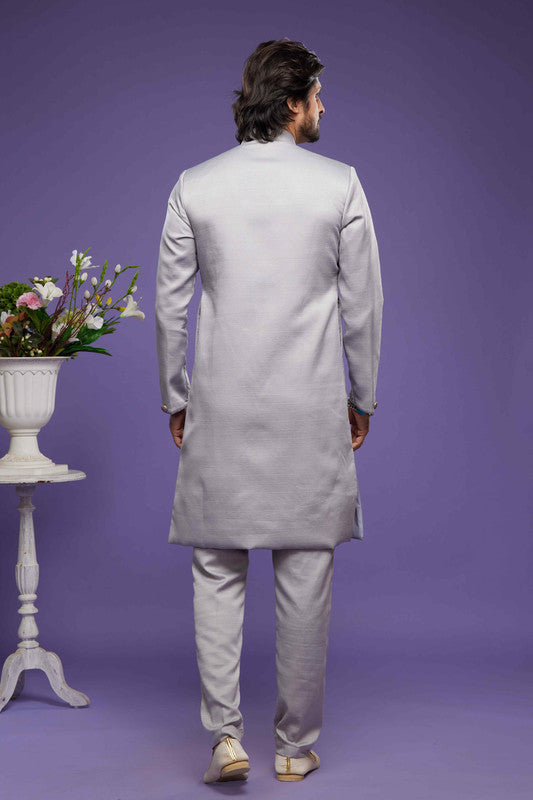 Men's Art Banarasi Silk Thread Work Kurta Pajama In Grey Colour