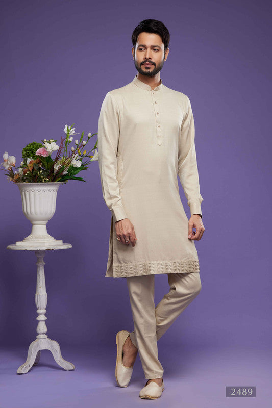 Men's Art Banarasi Silk Thread Work Kurta Pajama In Beige Colour