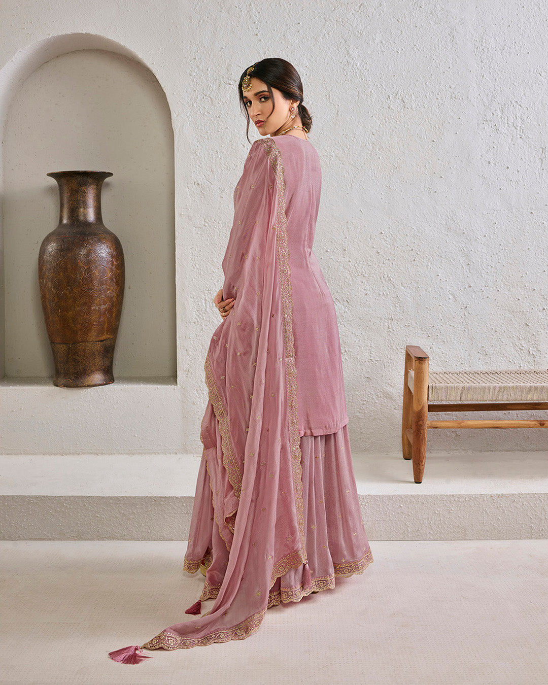 Sweet Lilac Chinon Kurta . Paired with Chinon Sharara Bottom and Chinon Dupatta