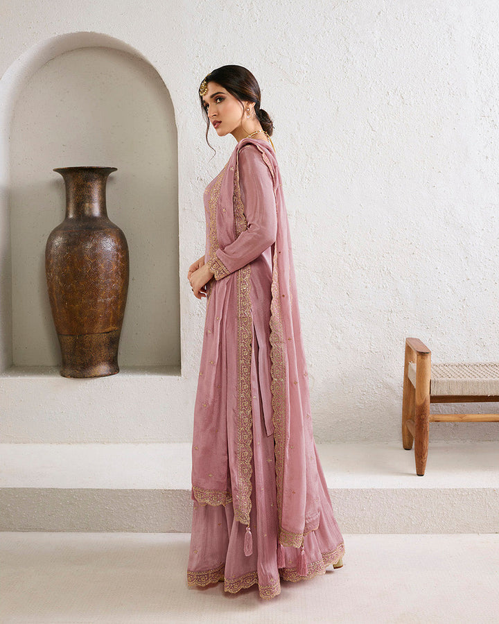 Sweet Lilac Chinon Kurta . Paired with Chinon Sharara Bottom and Chinon Dupatta