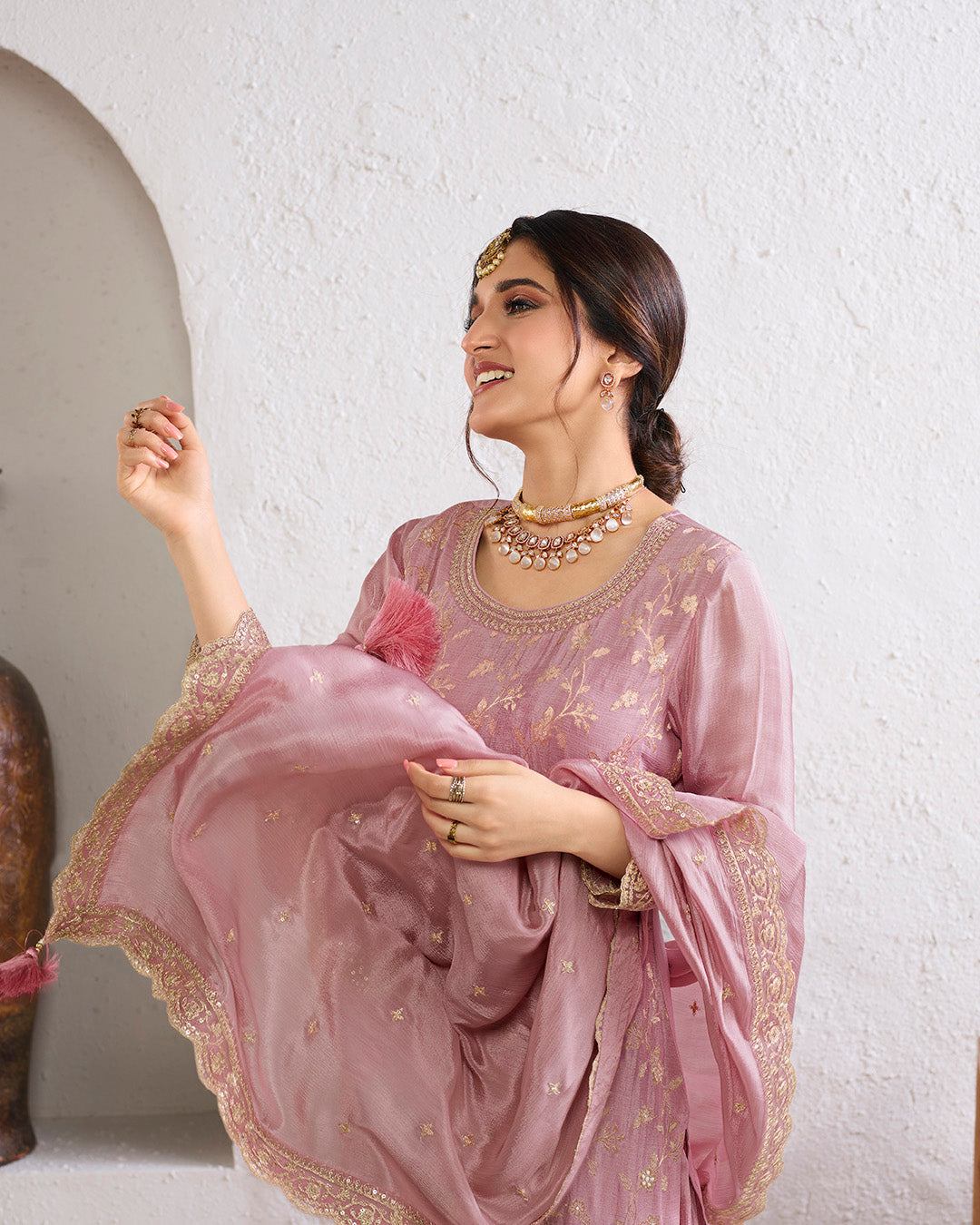 Sweet Lilac Chinon Kurta . Paired with Chinon Sharara Bottom and Chinon Dupatta