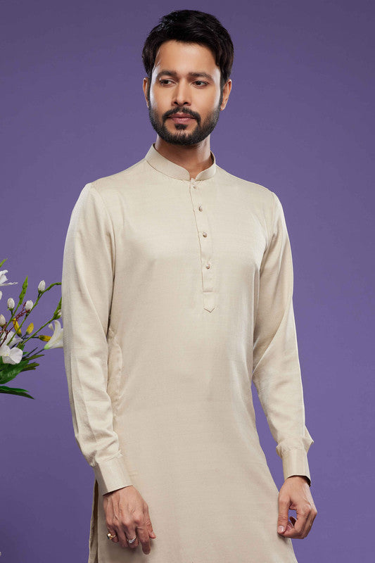 Men's Art Banarasi Silk Thread Work Kurta Pajama In Beige Colour