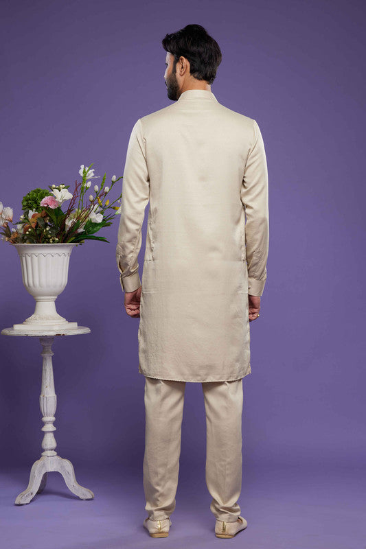 Men's Art Banarasi Silk Thread Work Kurta Pajama In Beige Colour