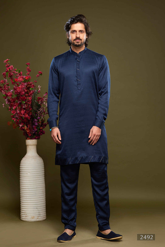 Men's Art Banarasi Silk Thread Work Kurta Pajama In Blue Colour