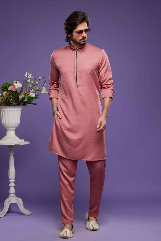Men's Art Banarasi Silk Thread Work Kurta Pajama In Rust Pink Colour