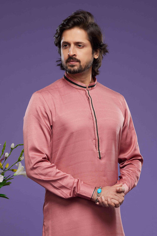 Men's Art Banarasi Silk Thread Work Kurta Pajama In Rust Pink Colour