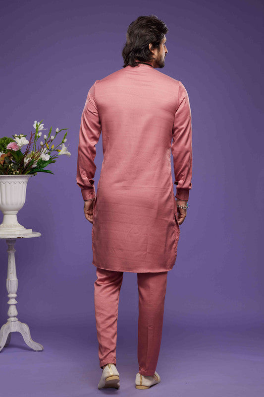 Men's Art Banarasi Silk Thread Work Kurta Pajama In Rust Pink Colour