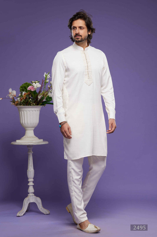 Men's Art Banarasi Silk Thread Work Kurta Pajama In Cream Colour
