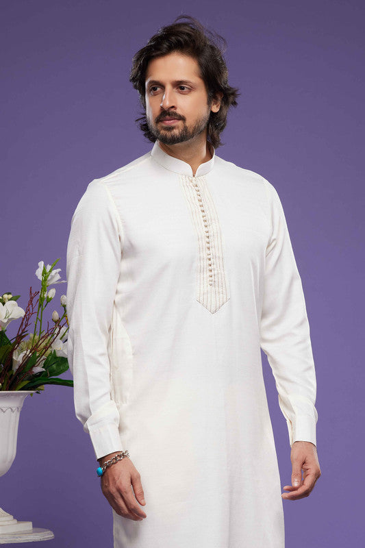 Men's Art Banarasi Silk Thread Work Kurta Pajama In Cream Colour