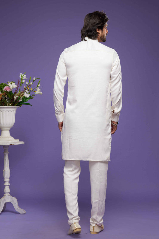 Men's Art Banarasi Silk Thread Work Kurta Pajama In Cream Colour