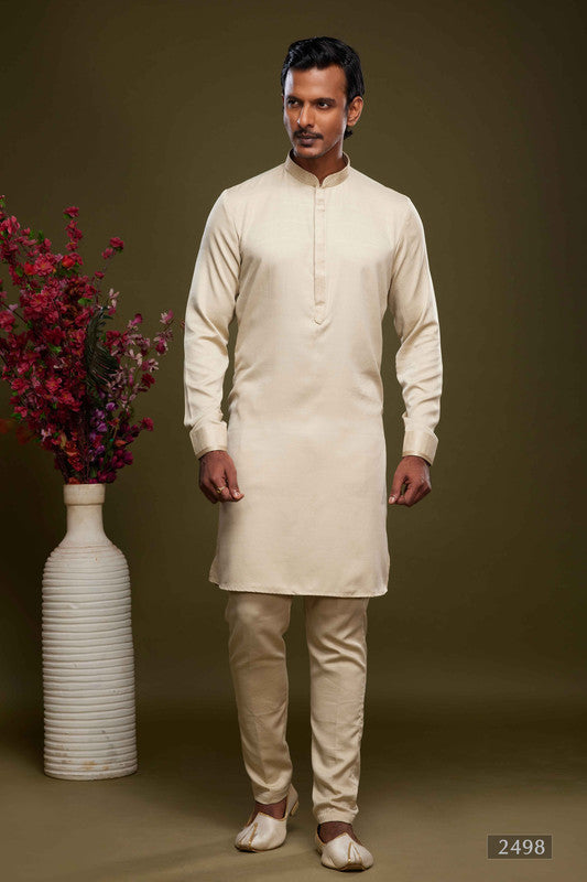 Men's Art Banarasi Silk Thread Work Kurta Pajama In Cream Beige Colour