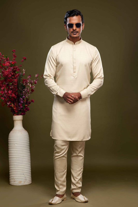 Men's Art Banarasi Silk Thread Work Kurta Pajama In Cream Beige Colour