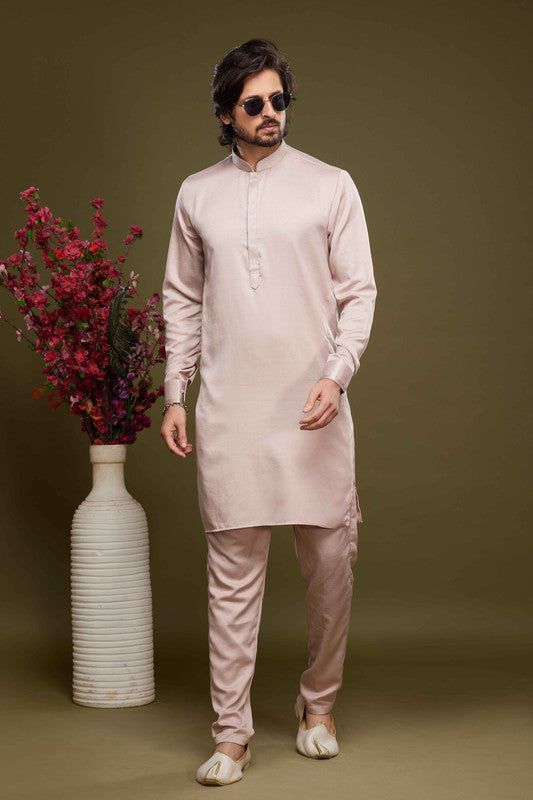 Men's Art Banarasi Silk Thread Work Kurta Pajama In Peach Colour