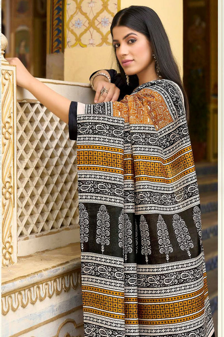 Serria Yellow and Black Handblock Printed Saree