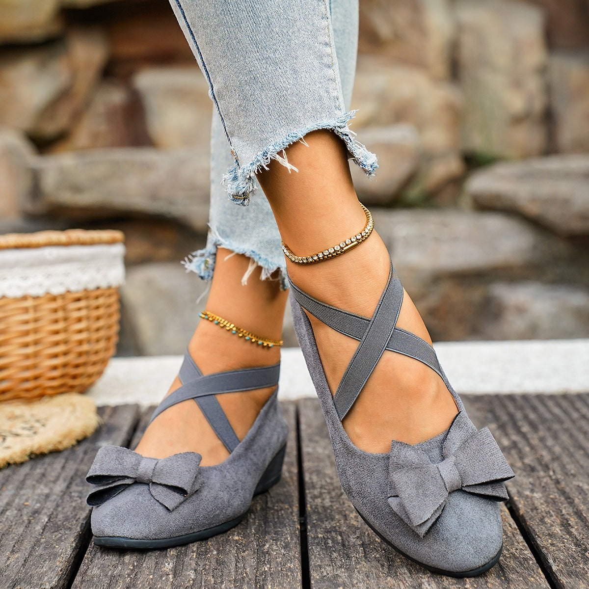 Women’s Elara Bow Suede Wedge Loafers – Elastic Cross-Strap Comfort Slip-Ons (US 5–10.5)