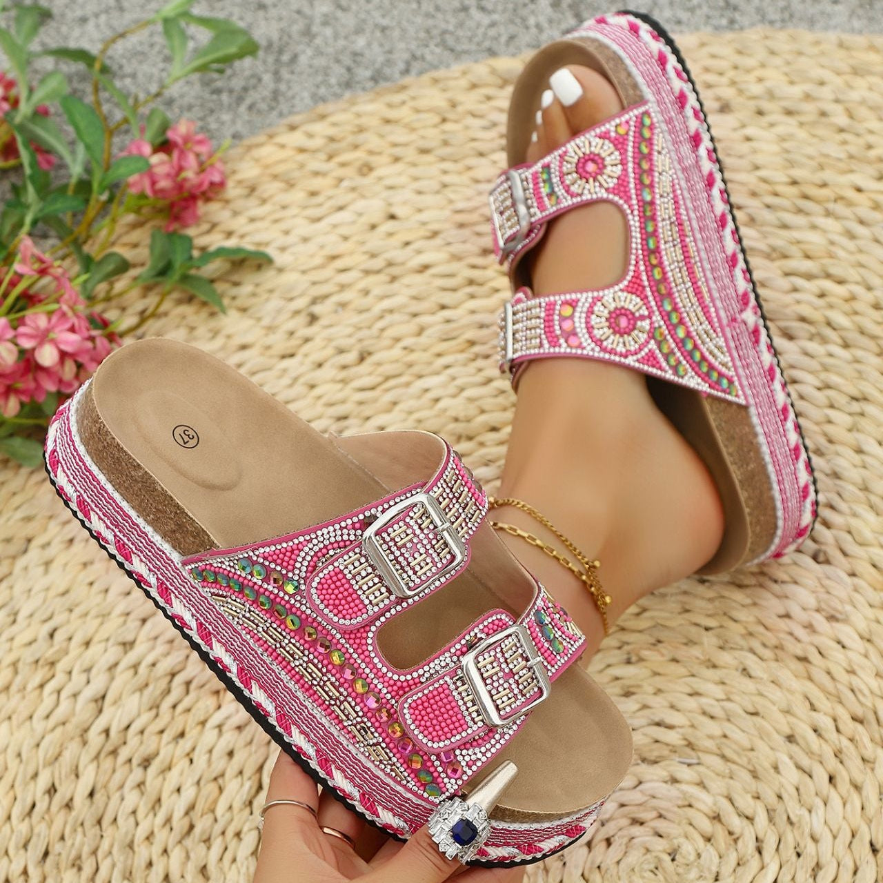 Women’s Calyra Rhinestone Platform Slide Sandals – Boho Metallic Buckle Rope Detail Resort Slides (US 5–10.5)