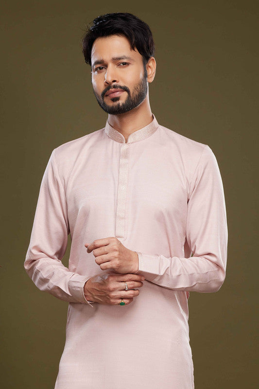 Men's Art Banarasi Silk Thread Work Kurta Pajama In Pink Colour