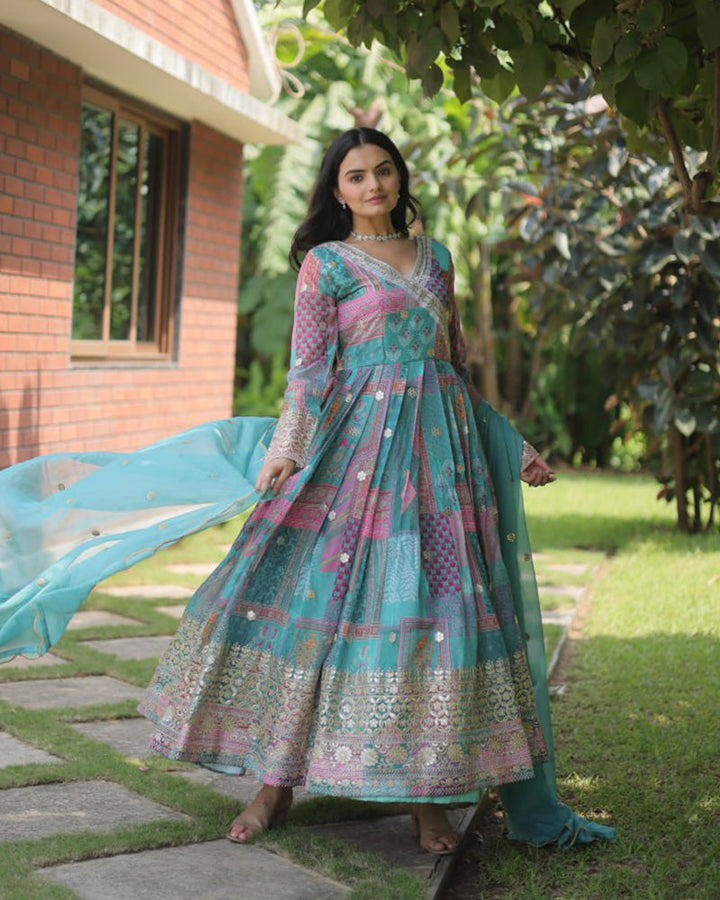 Wedding Wear Embroidery Sky Blue Color Gown With Dupatta  - By Qivii